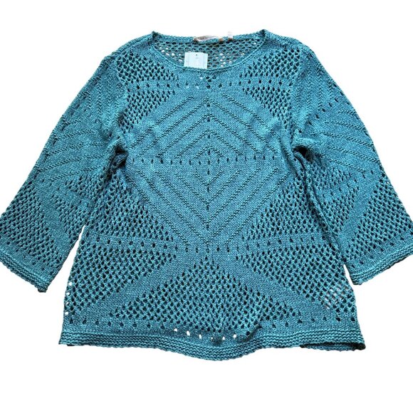 Soft Surroundings Sweaters - Boho Soft Surroundings Size L NEW Blue Crochet Knit Beachwalk 3/4 Sleeve Sweater